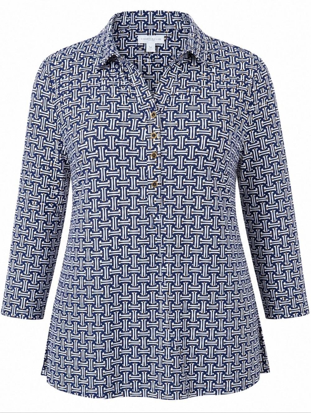 CHARTER CLUB | Nautical Coastal Basket Weave Collared Long Sleeve Blouse | XL